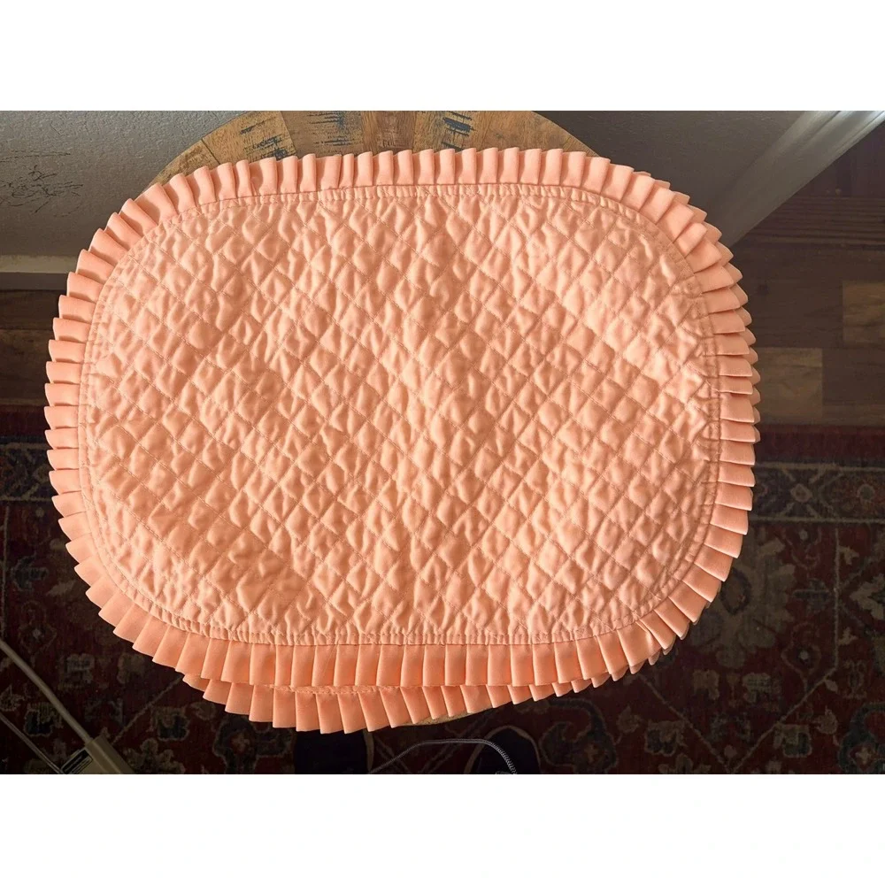 Set of Quilted Ruffle Trim Oval‎ Placemats Peach Pink Cottagecore Table Decor